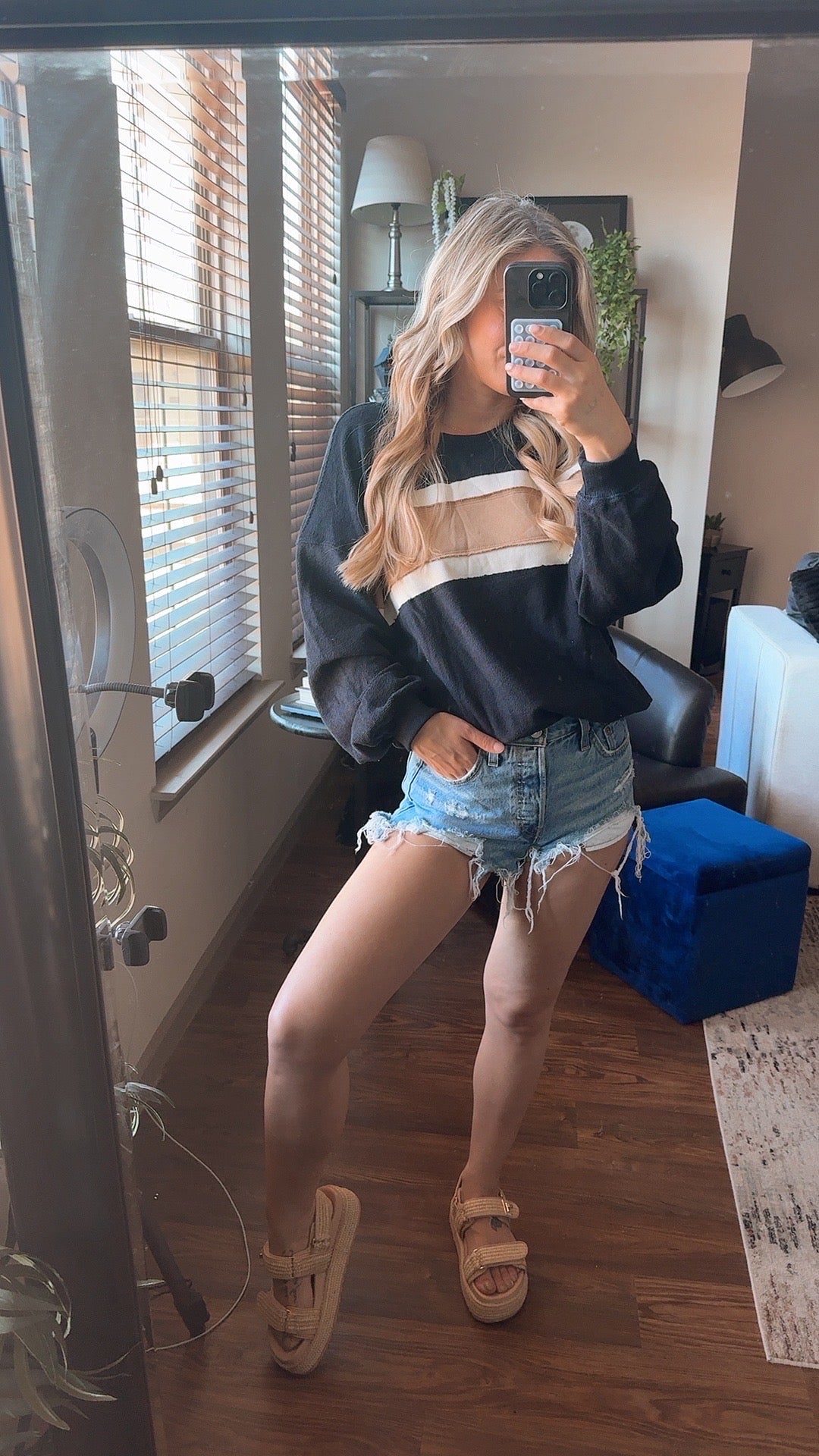 Midnights Raw Hem Contrast Striped Dolman Sleeve Sweatshirt